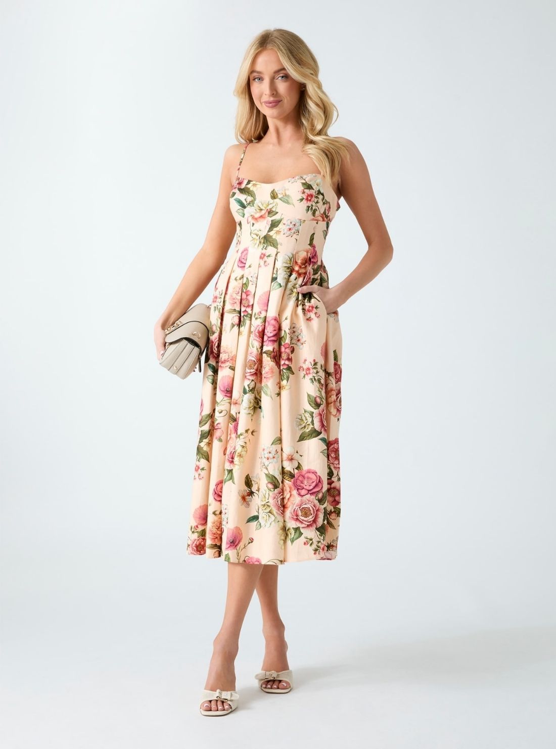 GUESS Womens Eco Peony Print Bria Linen Midi Dress W6GKAFW2558 Full View