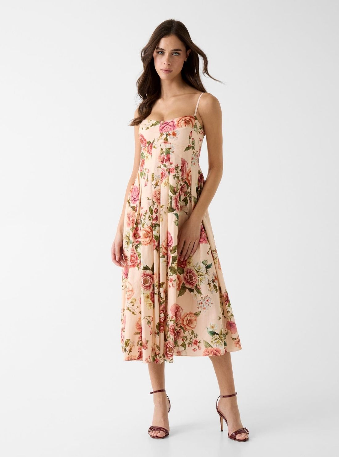 GUESS Womens Eco Peony Print Bria Linen Midi Dress W6GKAFW2558 Full View