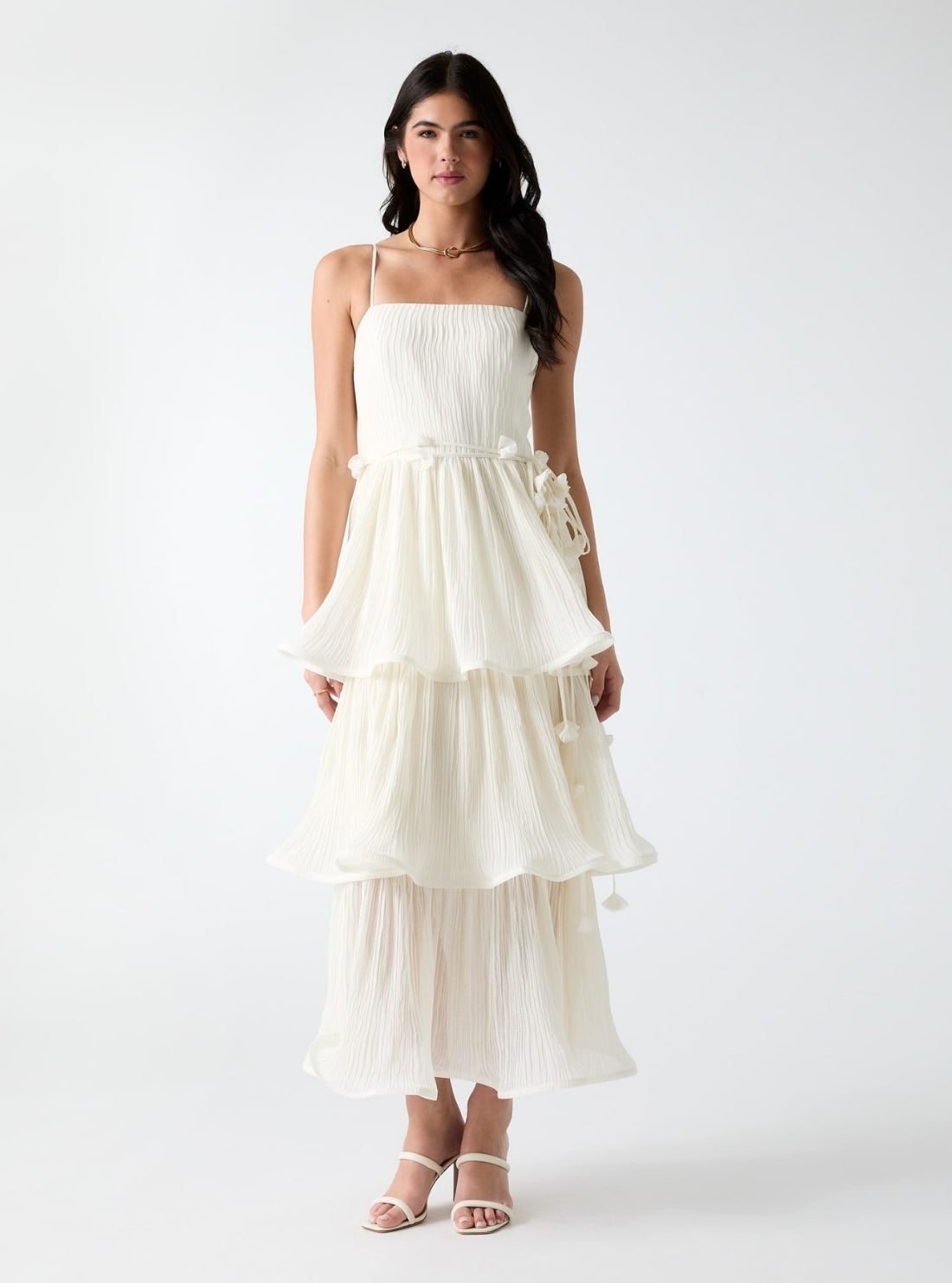 guess white and gold dress Eco Alessia Tiered Midi NEWYEAR-EDIT