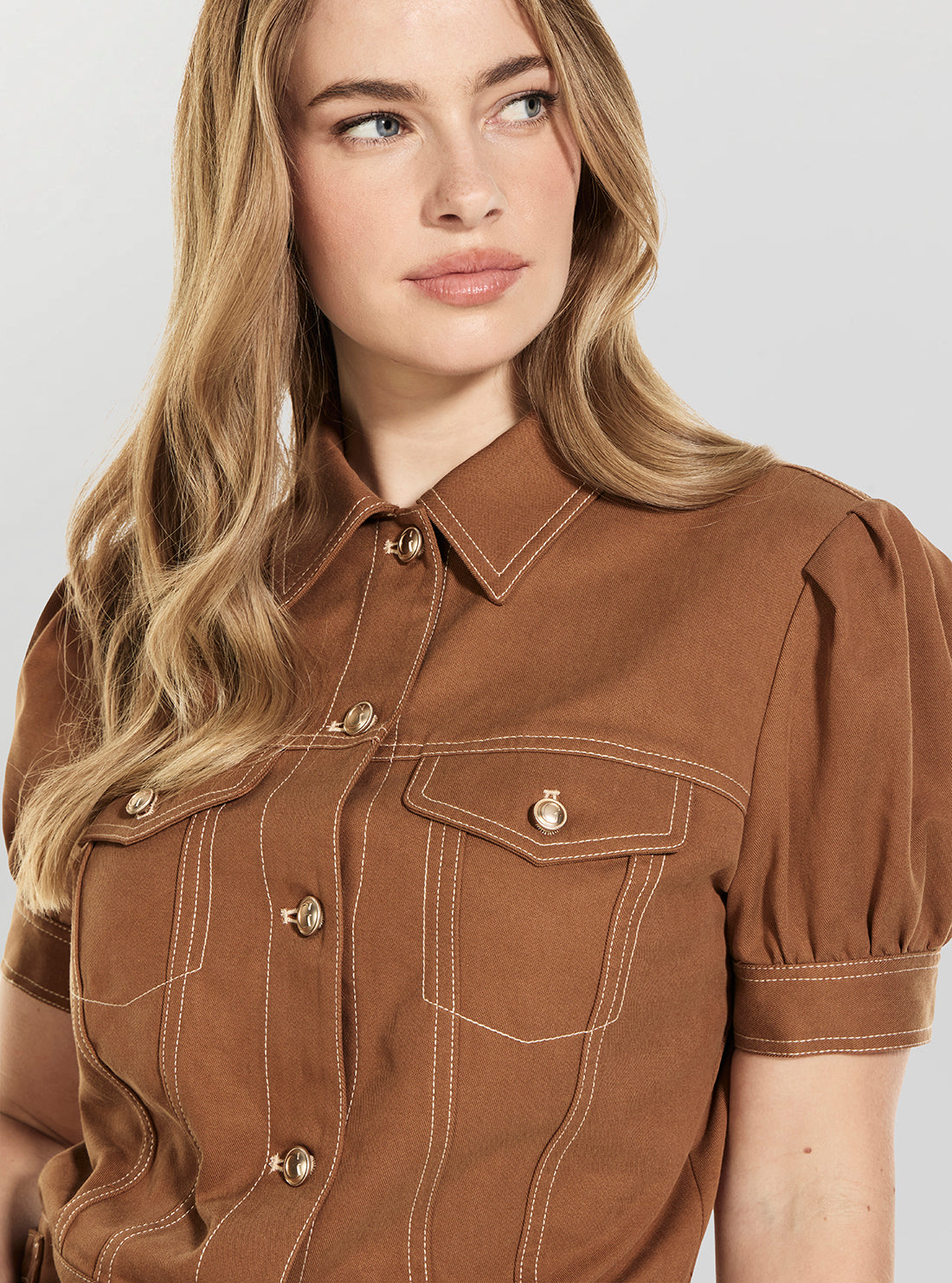 GUESS Womens Brown Coreline Contrast Stitch Trucker Jacket W6GL08W1804 Detail View