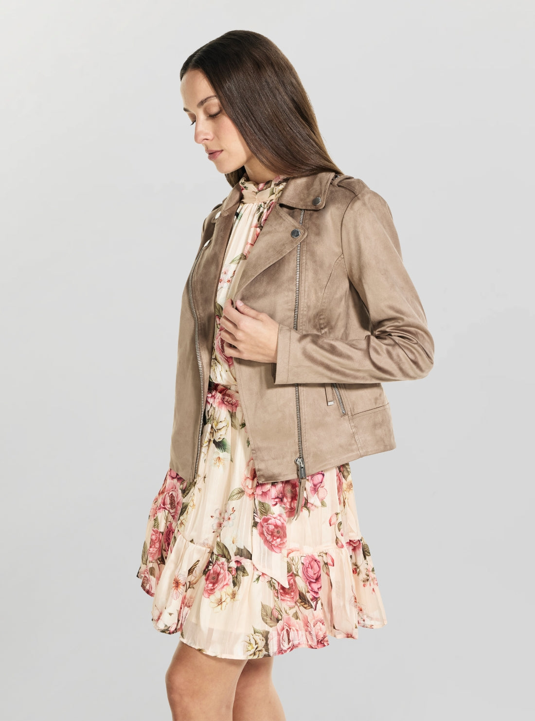 GUESS Womens Brown New Monica Suede Biker Jacket W6GL10W1968 Side View