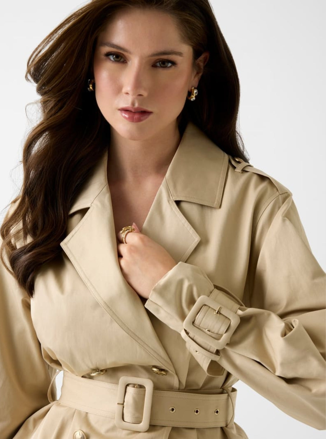 GUESS Womens Beige Fatou Crop Trench Jacket W6GL21W1954 Detail View
