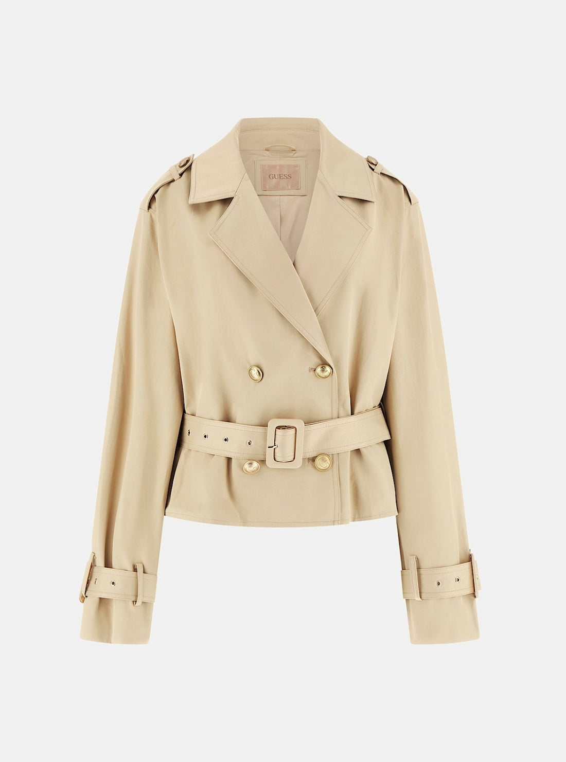 GUESS Womens Beige Fatou Crop Trench Jacket W6GL21W1954 Flatlay