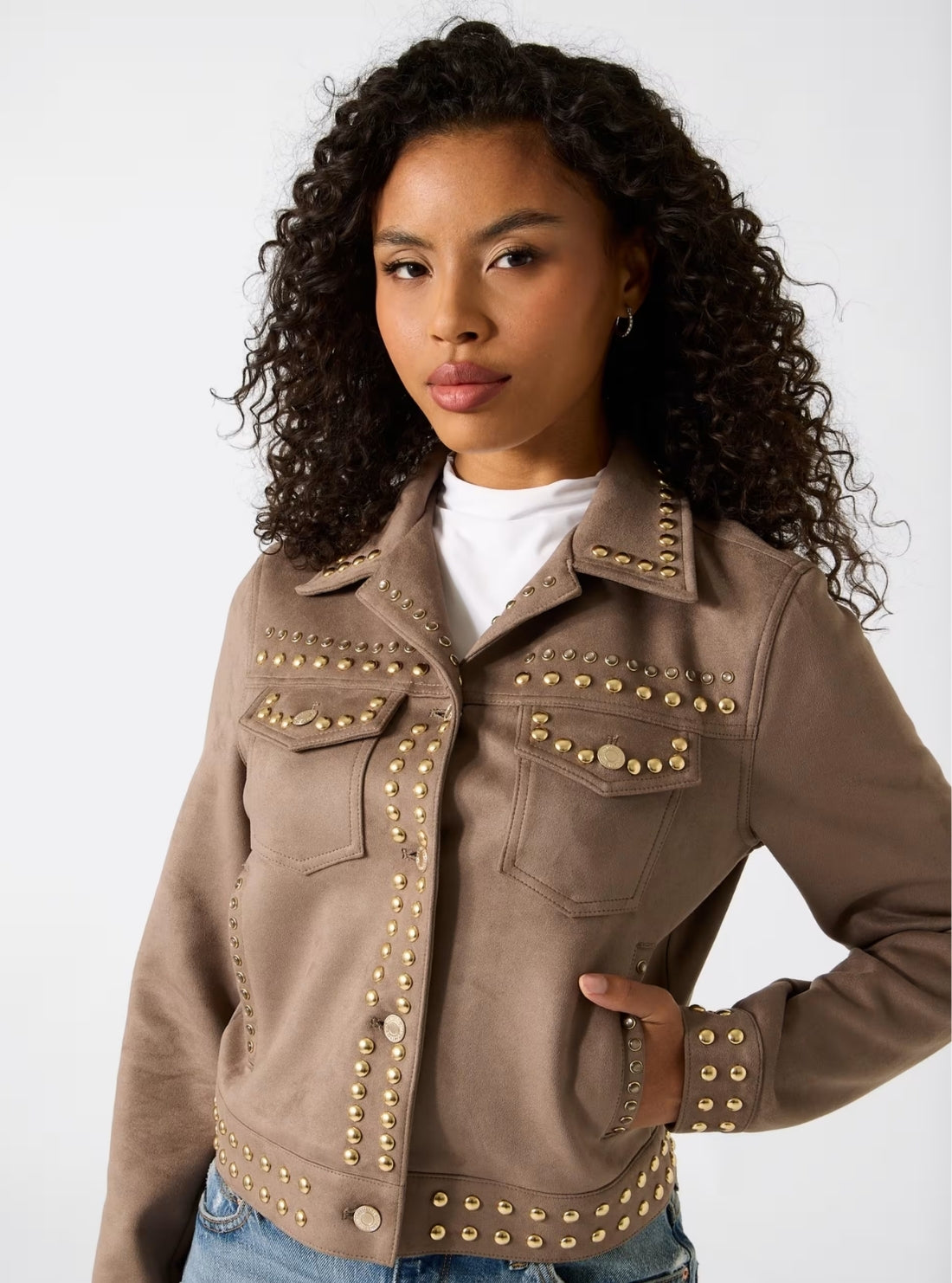 GUESS Womens Brown Irina Faux-Suede Studs Jacket W6GL32W2115 Detail View