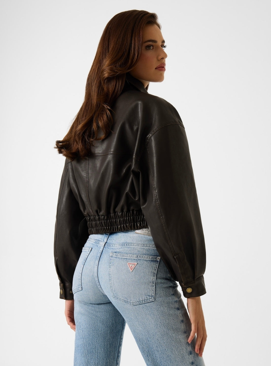 GUESS Womens Brown Clelia Faux-Leather Jacket W6GL40W2358 Back View