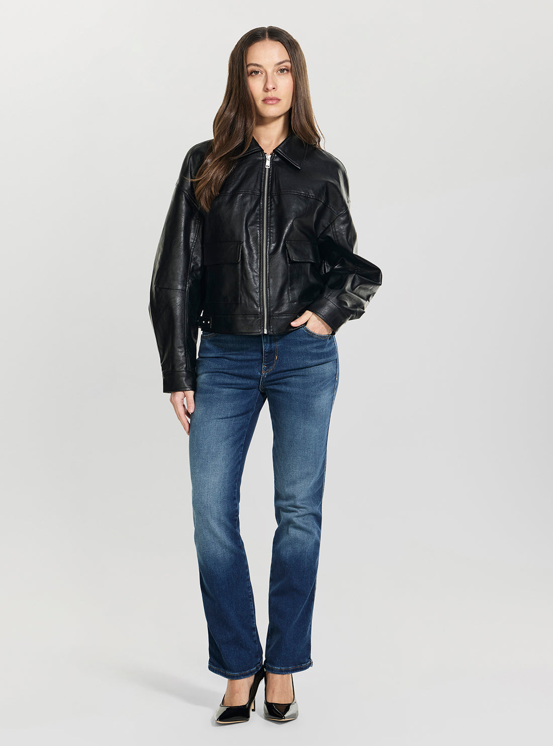 GUESS Womens Black Kayden Faux-Leather Jacket W6GL43K3562 Full View