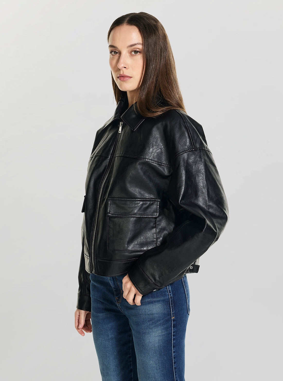 GUESS Womens Black Kayden Faux-Leather Jacket W6GL43K3562 Side View