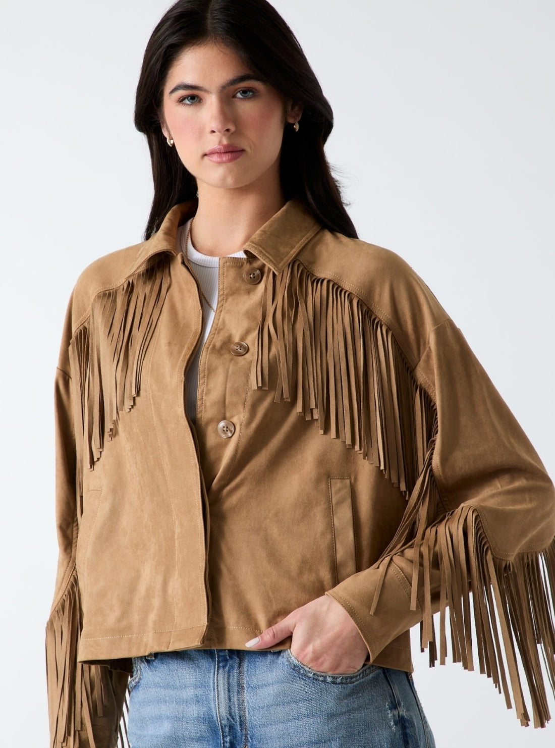 GUESS Womens Brown Ibby Fringe Faux-Suede Jacket W6GL45W2466 Front View2