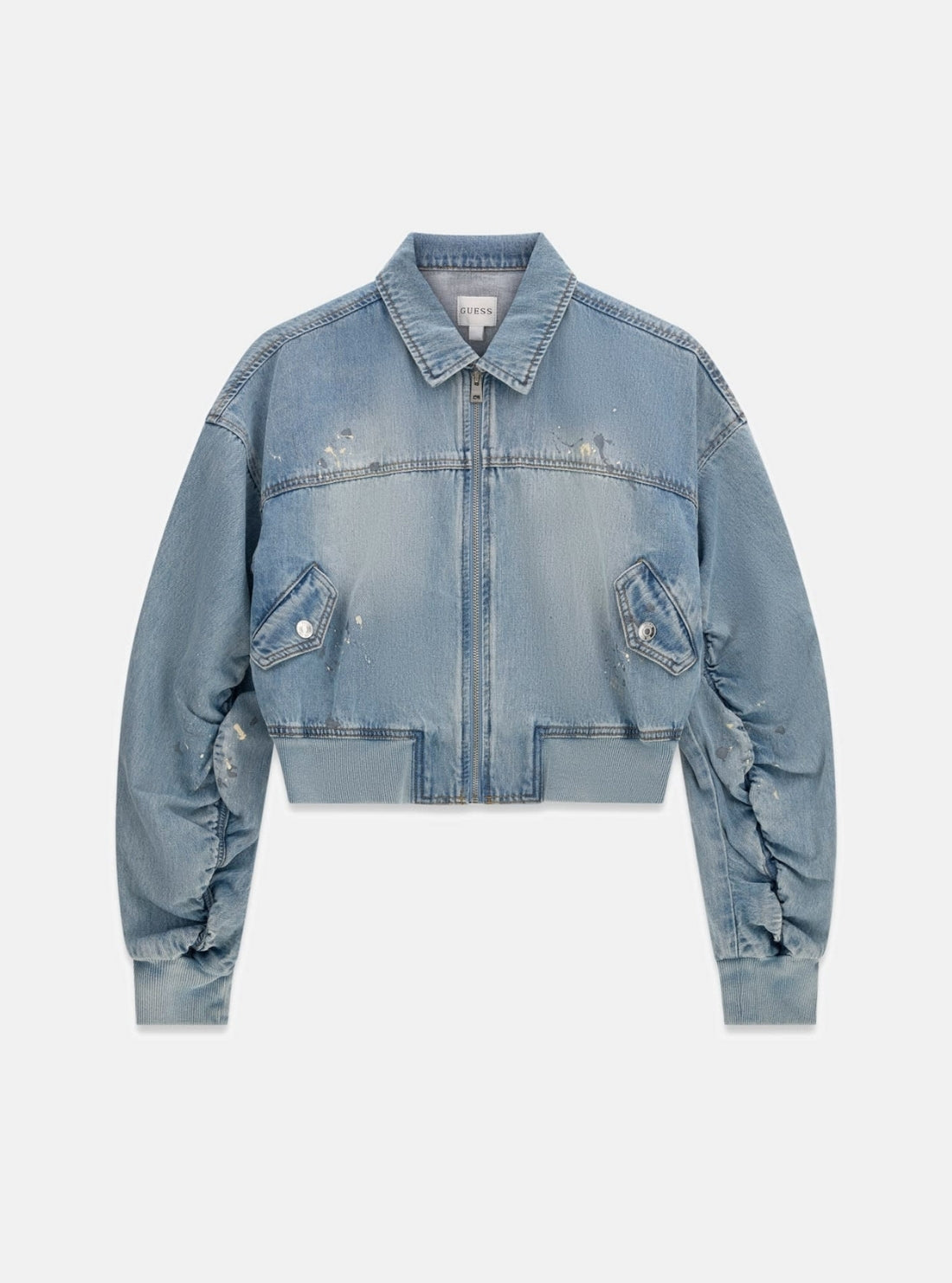GUESS Womens Blue Anna Crop Denim Bomber Jacket W6GN13D0969 Flatlay