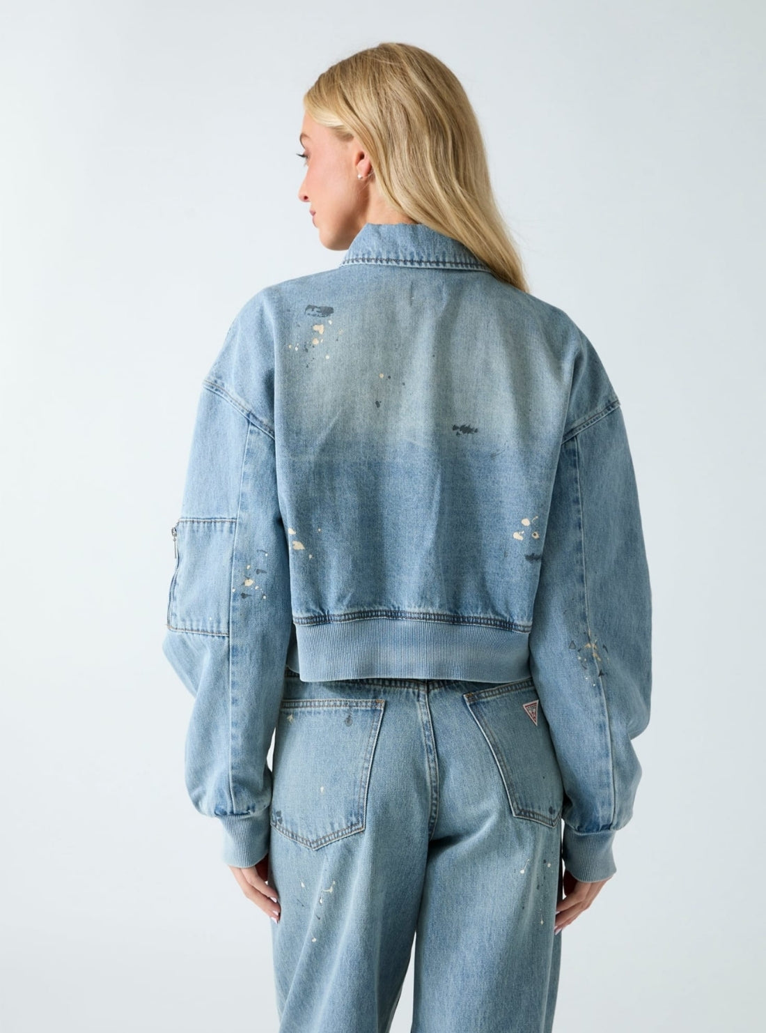 GUESS Womens Blue Anna Crop Denim Bomber Jacket W6GN13D0969 Back View