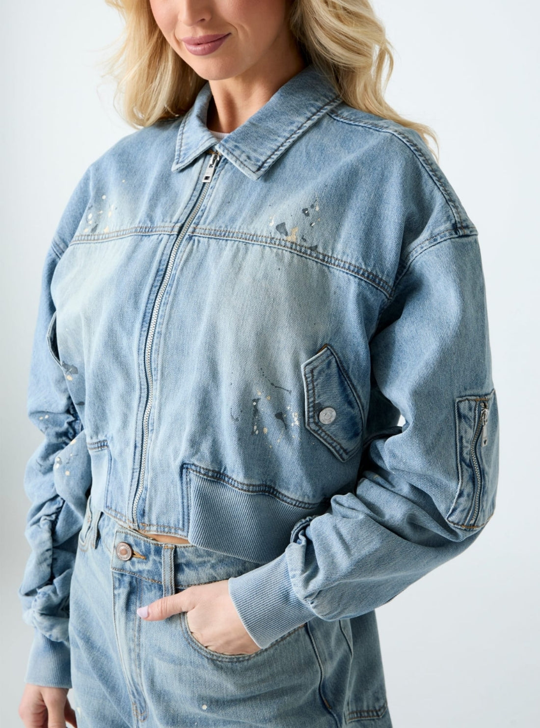 GUESS Womens Blue Anna Crop Denim Bomber Jacket W6GN13D0969 Detail View