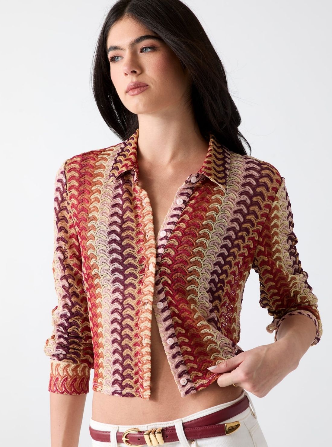 GUESS Womens Pink Multi Izzy Button Up Top W6GP55K5474 Detail View