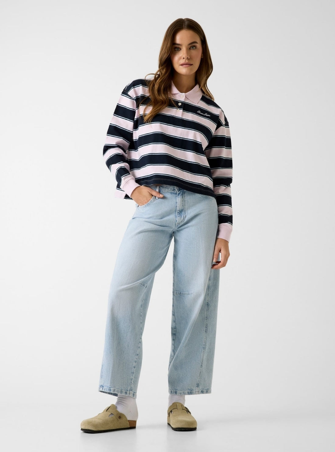 Guess Jeans Lilac Stripe Oversized Crop Polo Shirt