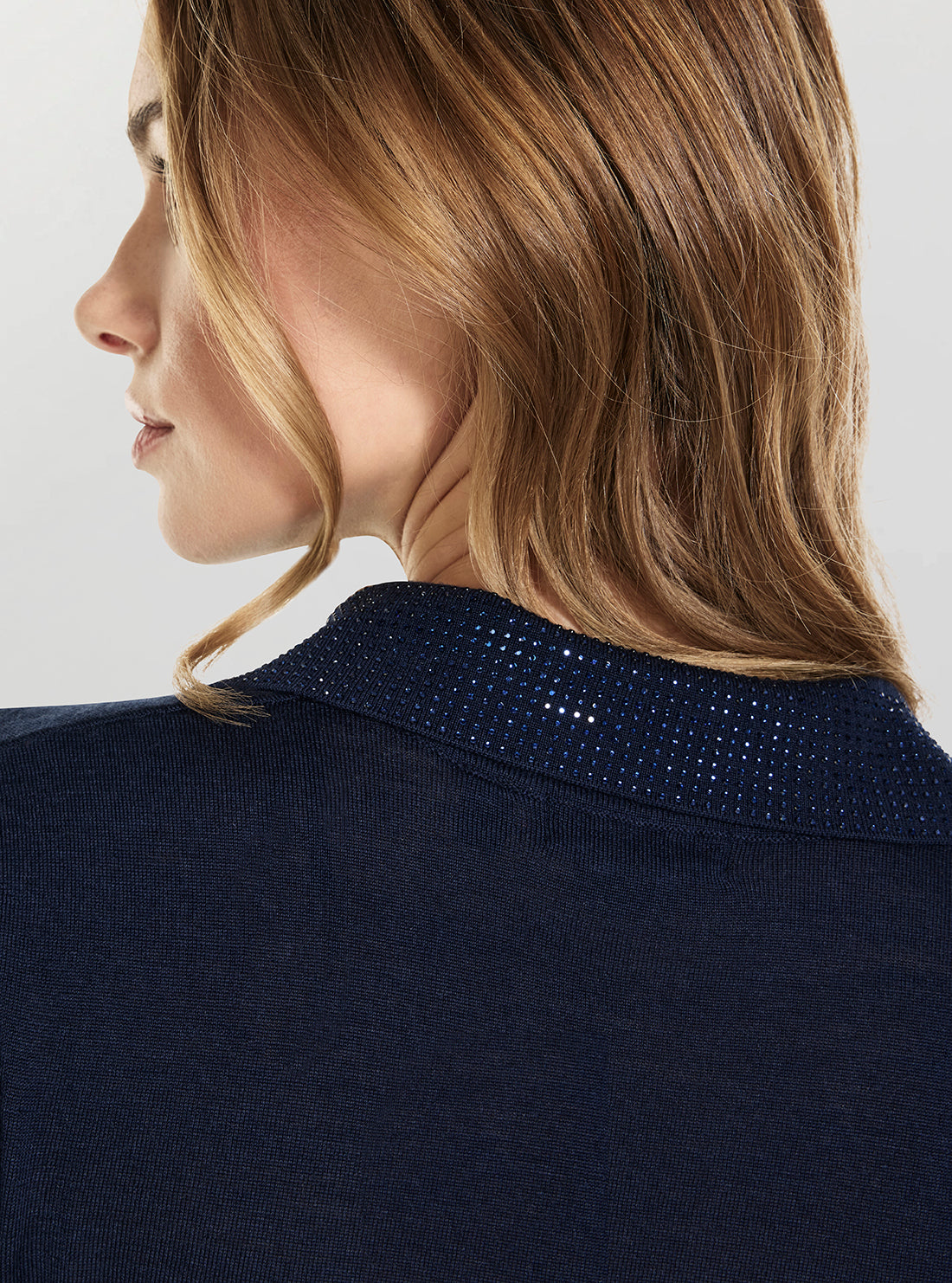 GUESS Womens Blackened Blue Stormi Rhinestone Polo Sweater W6GR03Z0583 Detail View