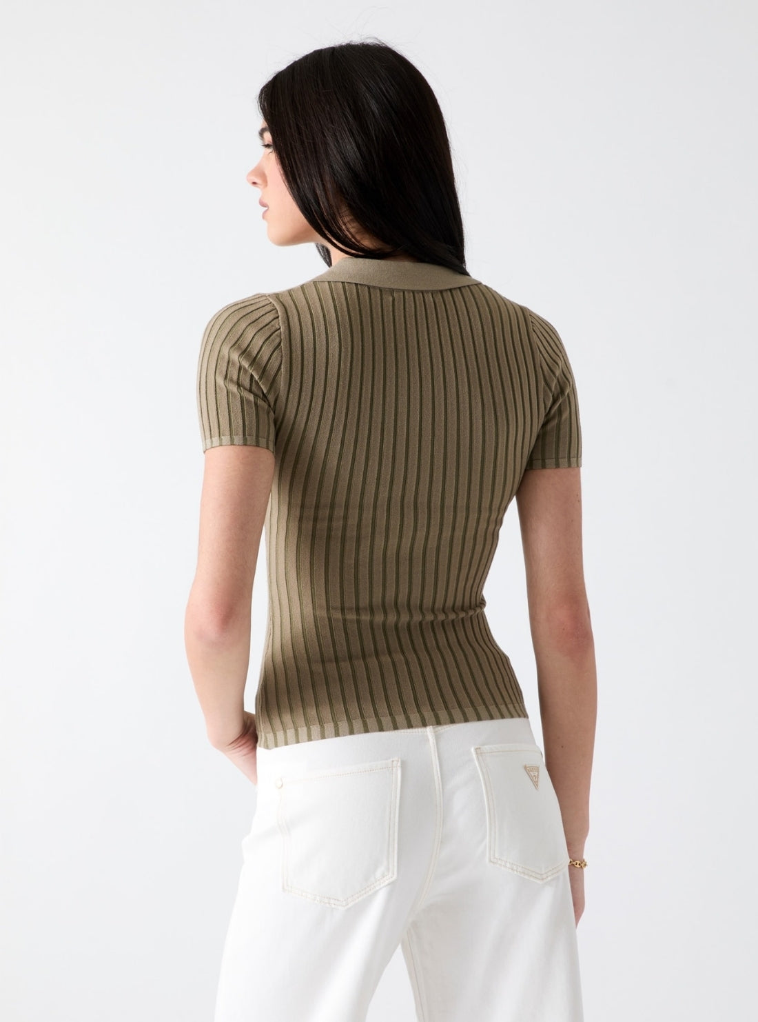 GUESS Womens Eco Sage Olive Green Stripes Regina Sweater W6GR09Z0590 Back View