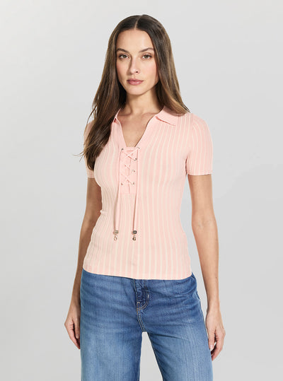 GUESS Womens Peach Vanilla Regina Polo Sweater W6GR09Z0590 Front View