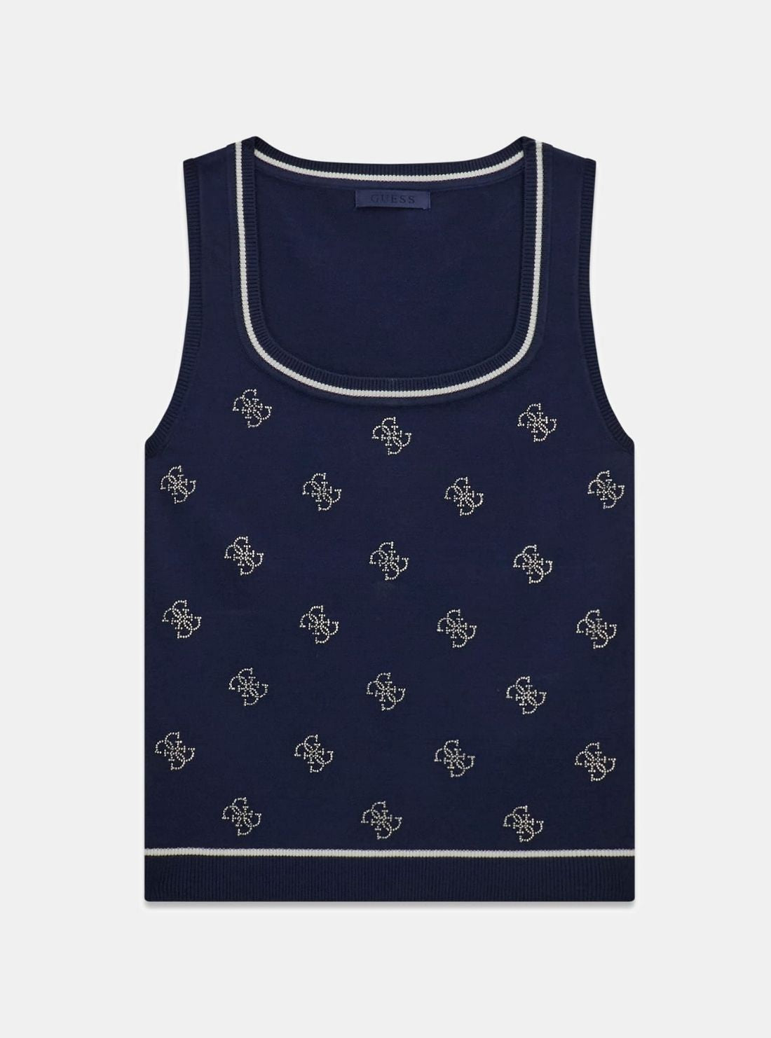 GUESS Womens Blackened Blue 4G Rhinestone Tank Top Sweater W6GR17Z0604 Flatlay