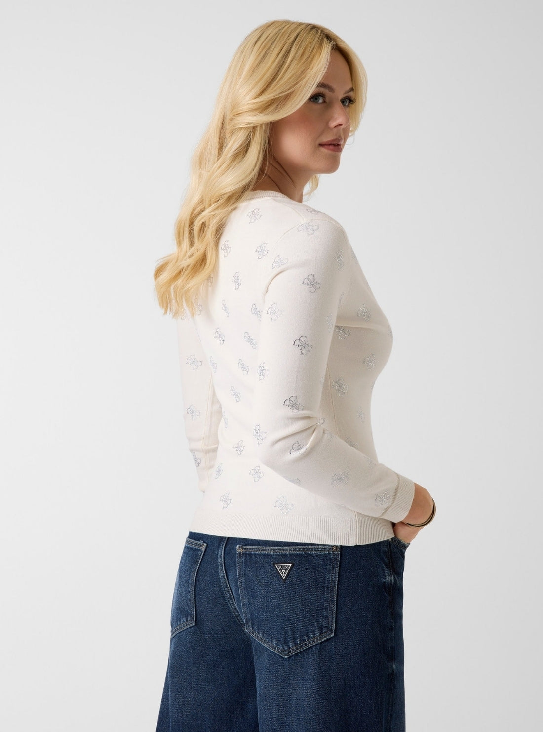 GUESS Womens White Logo 4G Rhinestone Cardigan W6GR18Z0605 Back View