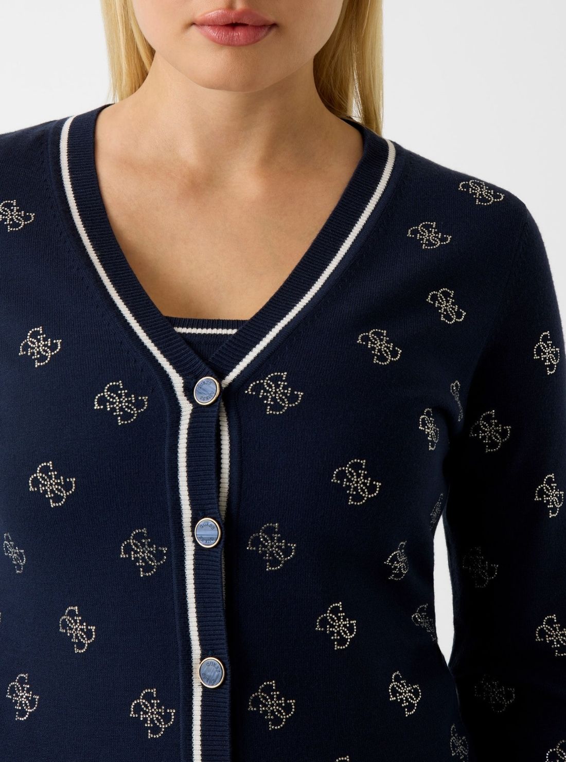 GUESS Womens Blackened Blue 4G Rhinestone Cardigan W6GR18Z0605 Detail View