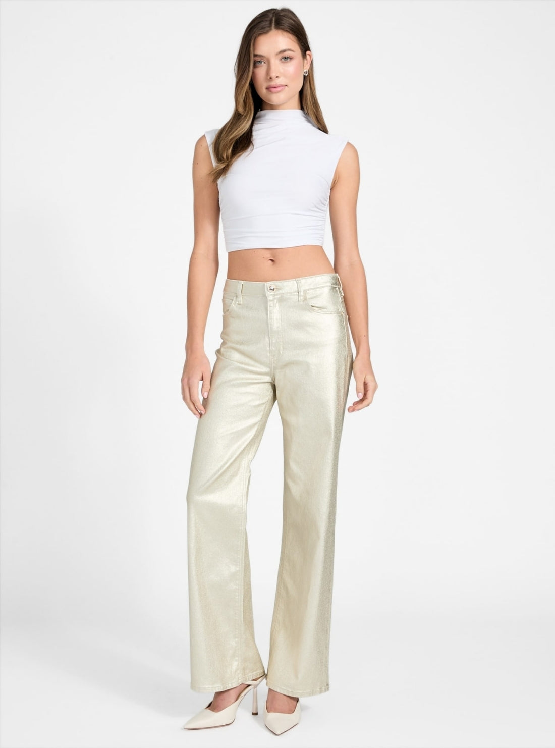 GUESS Womens Gold High-Rise Wide Leg Jeans W6PA1AD8961 Full View