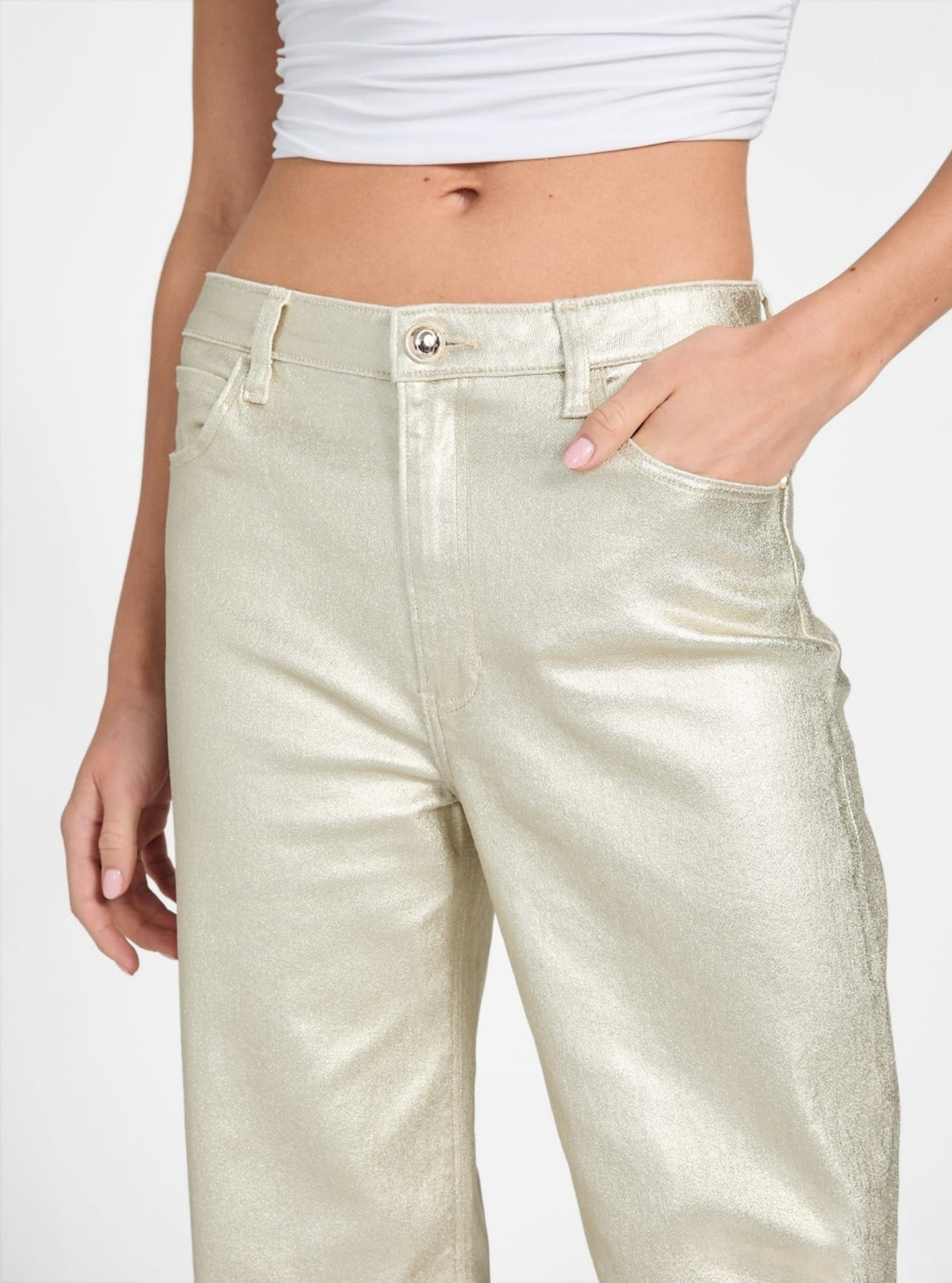 GUESS Womens Gold High-Rise Wide Leg Jeans W6PA1AD8961 Detail View