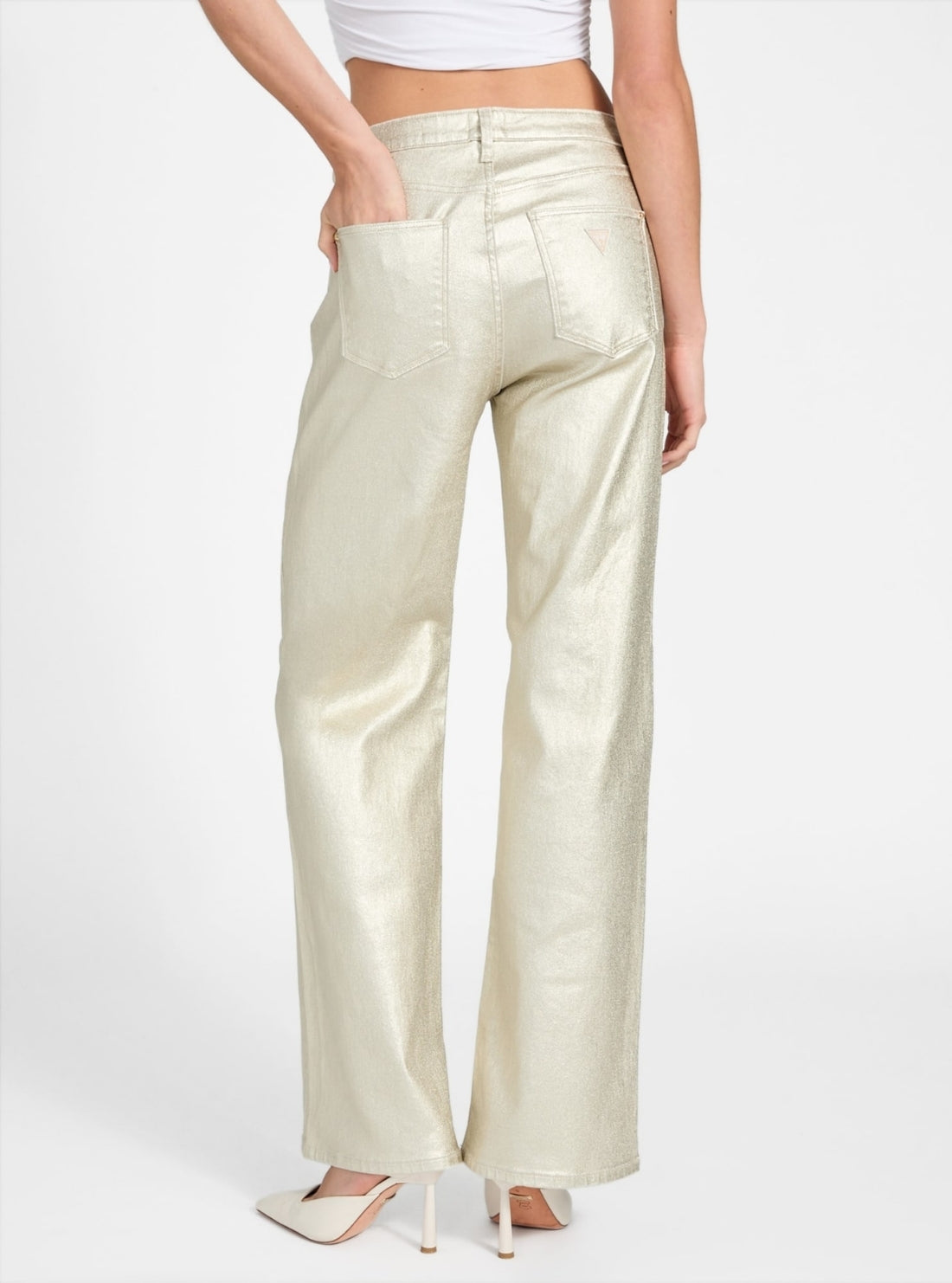 GUESS Womens Gold High-Rise Wide Leg Jeans W6PA1AD8961 Back View