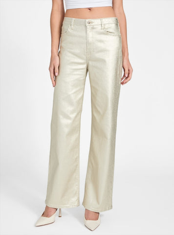 GUESS Womens Gold High-Rise Wide Leg Jeans W6PA1AD8961 Front View