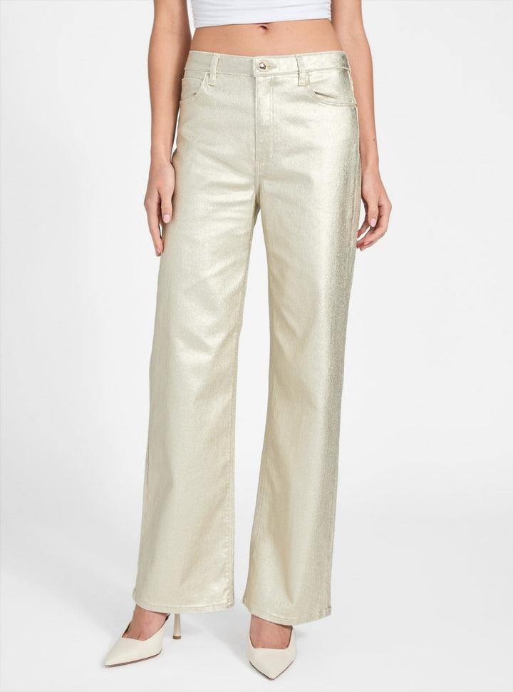 GUESS Womens Gold High-Rise Wide Leg Jeans W6PA1AD8961 Front View