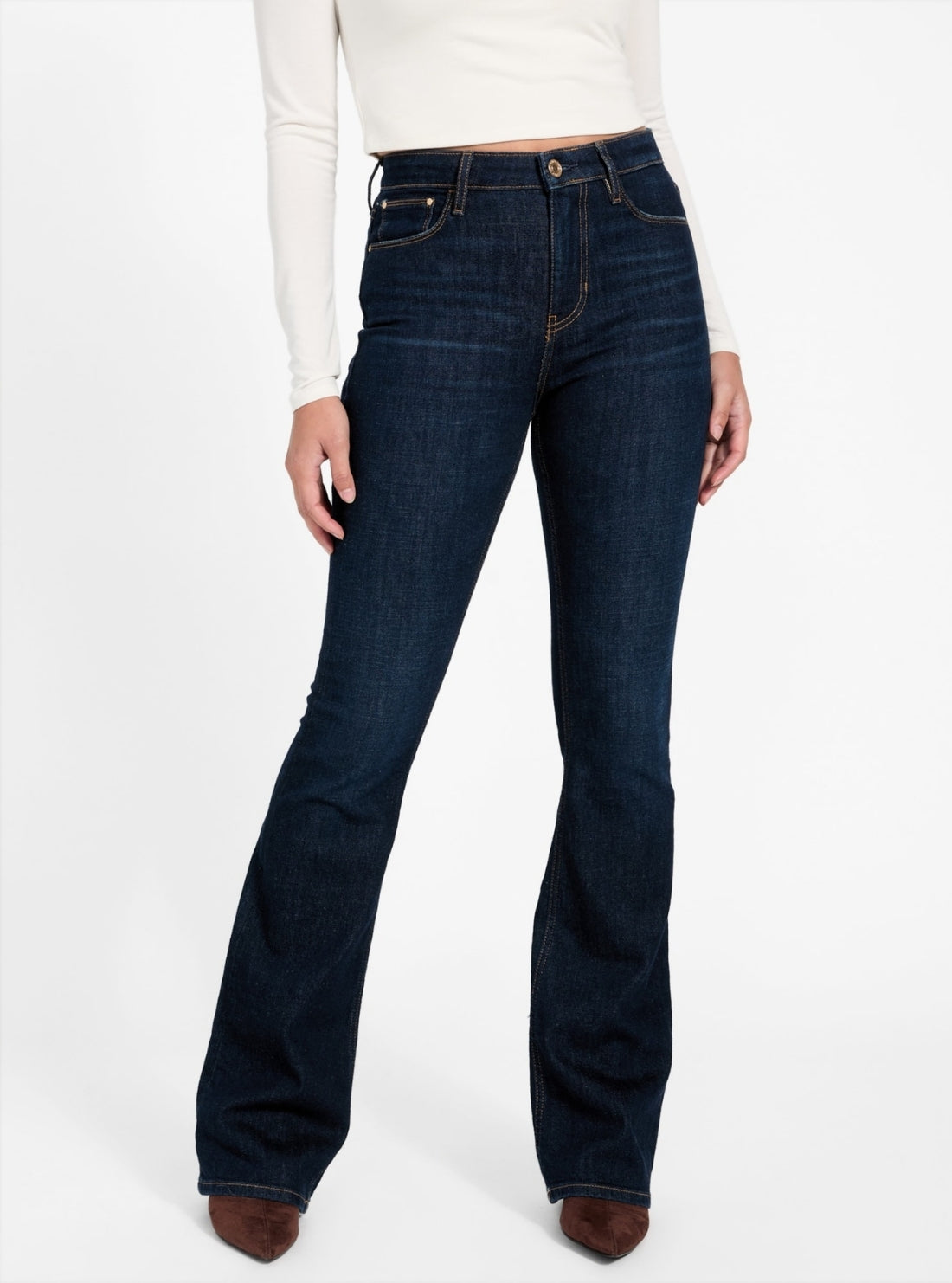 GUESS Womens High-Rise Sexy Flare Jeans in Dark Wash W6RA0LD6881 Front View