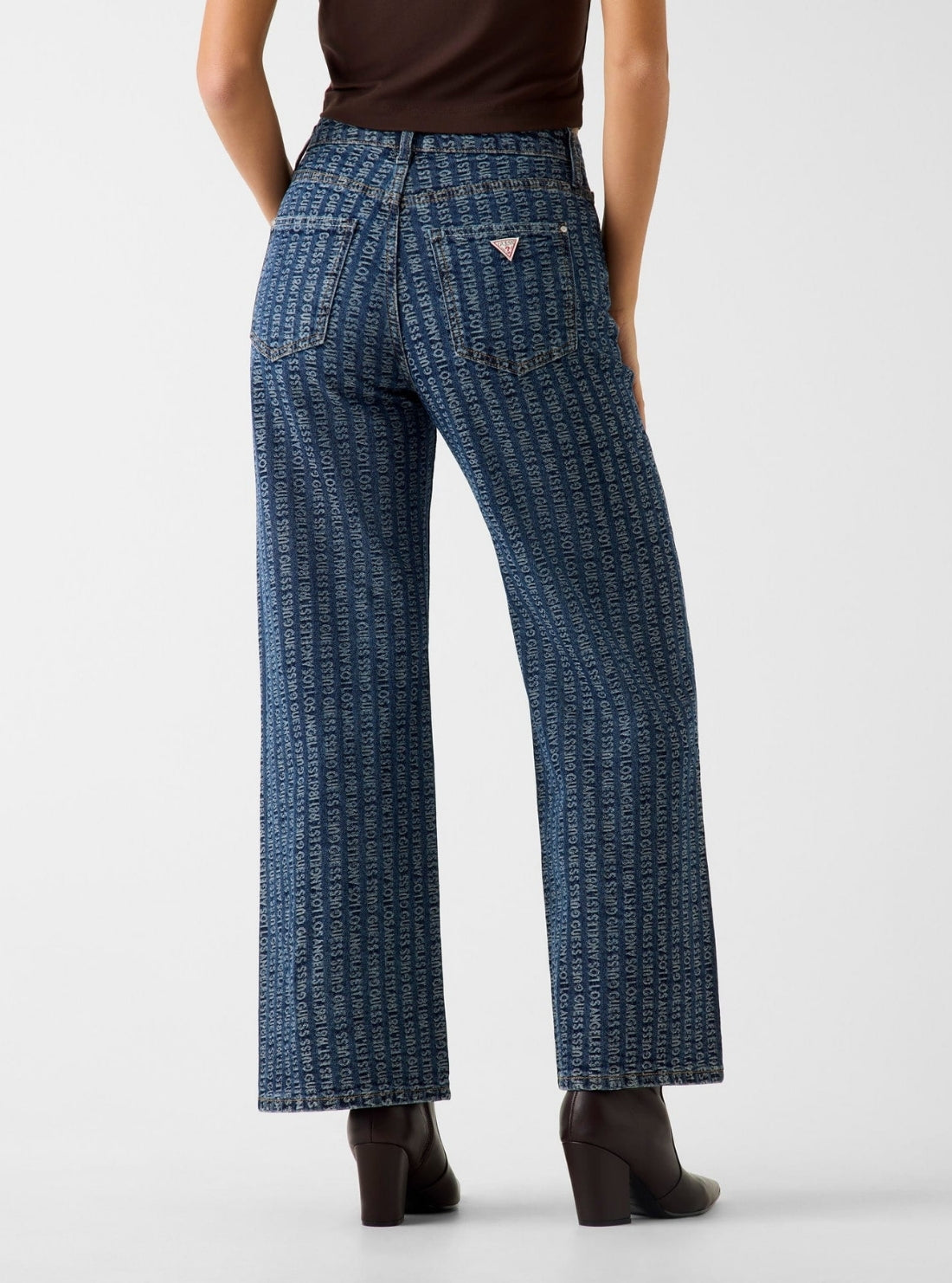 GUESS Womens High-Rise Blue Tokyo Monogram Wide Leg Jeans W6RA1AD6851 Back View