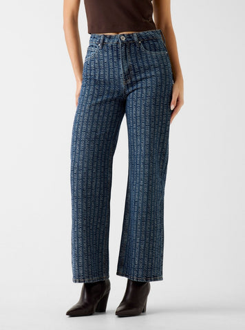 GUESS Womens High-Rise Blue Tokyo Monogram Wide Leg Jeans W6RA1AD6851 Front View