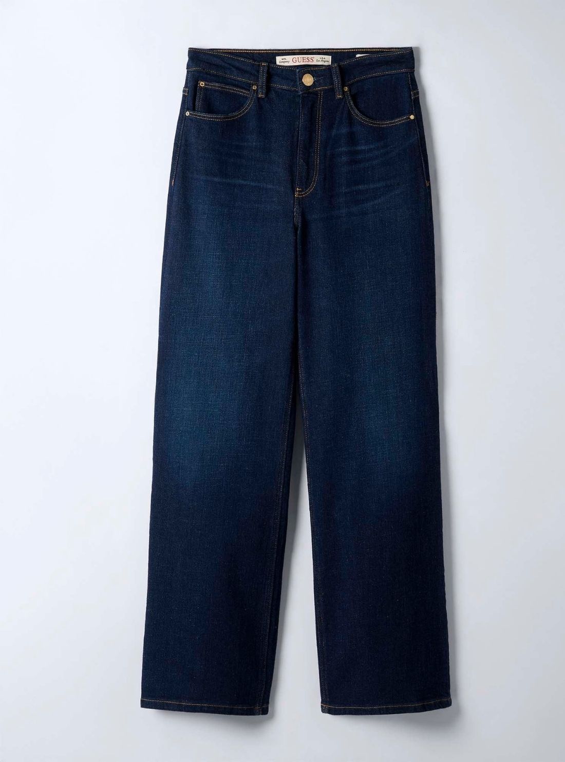 GUESS Womens High-Rise Wide Leg Jeans in Dark Wash W6RA1AD6881 Flatlay