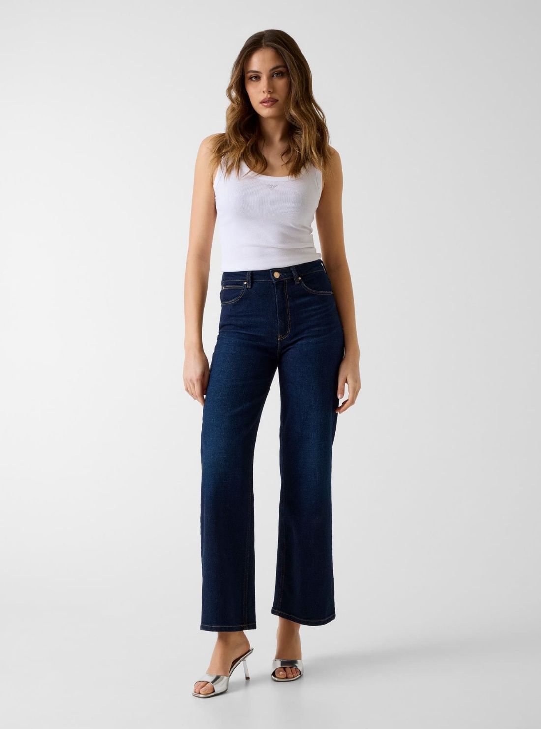 GUESS Womens High-Rise Wide Leg Jeans in Dark Wash W6RA1AD6881 Full View
