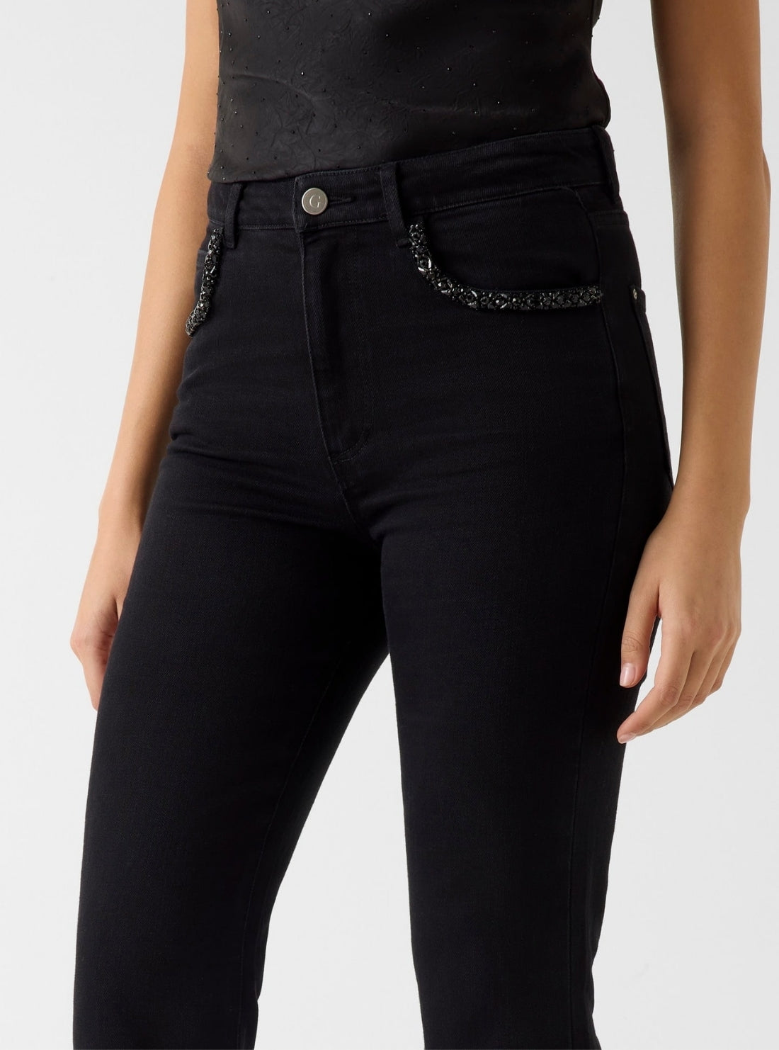 GUESS Womens Black Belle High-Rise Flare Jeans W6RA1QD7080 Detail View