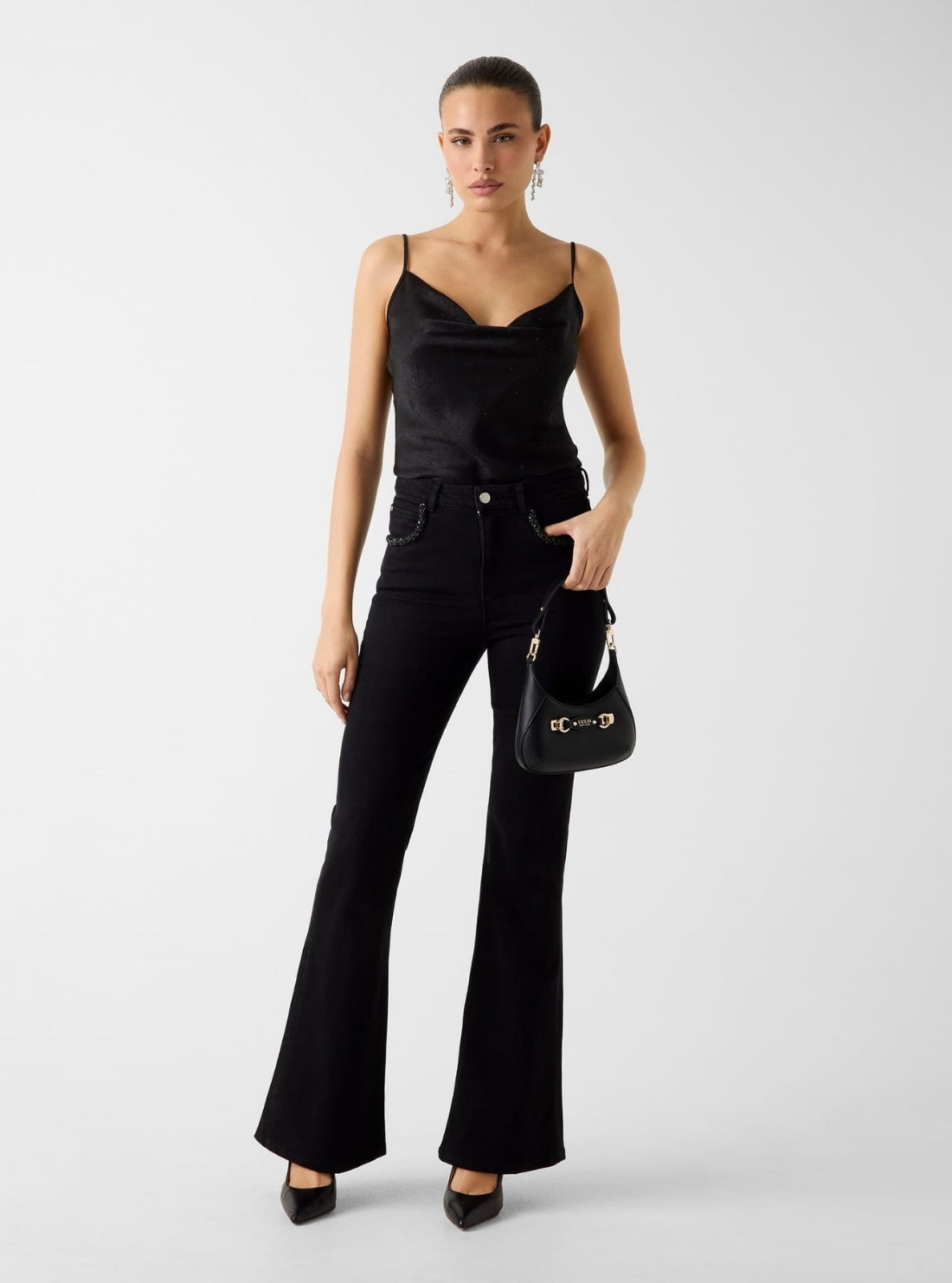GUESS Womens Black Belle High-Rise Flare Jeans W6RA1QD7080 Full View
