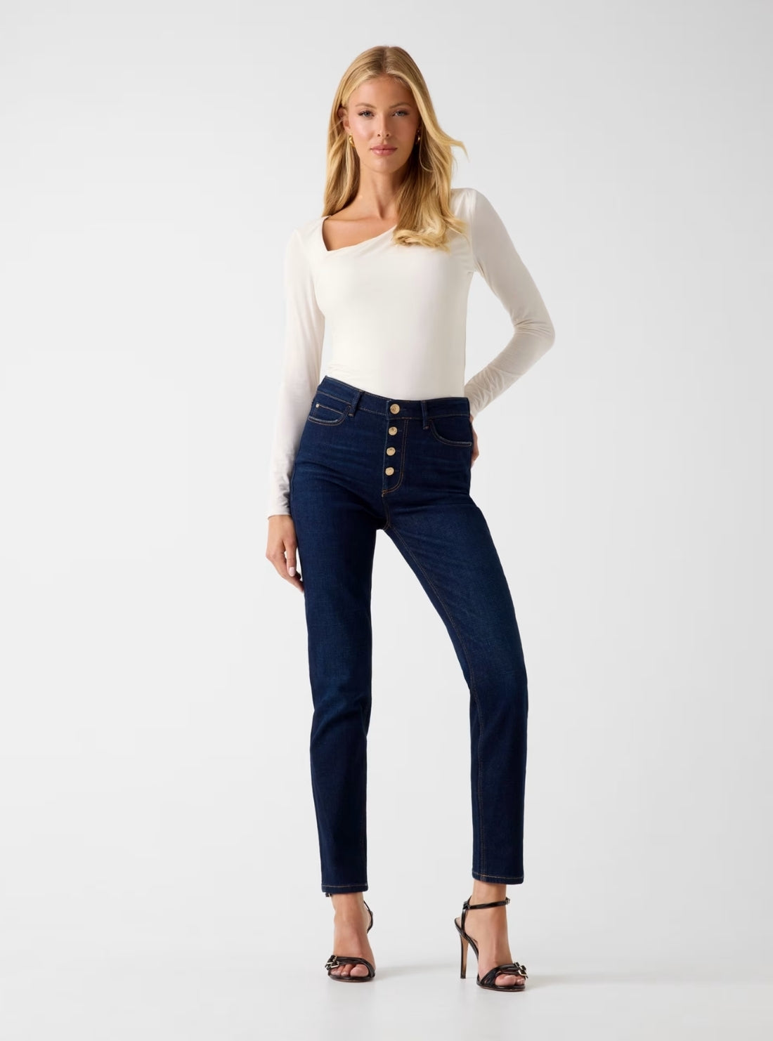GUESS Womens High-Rise 1981 Button Jeans in Dark Wash W6RA28D6881 Full View
