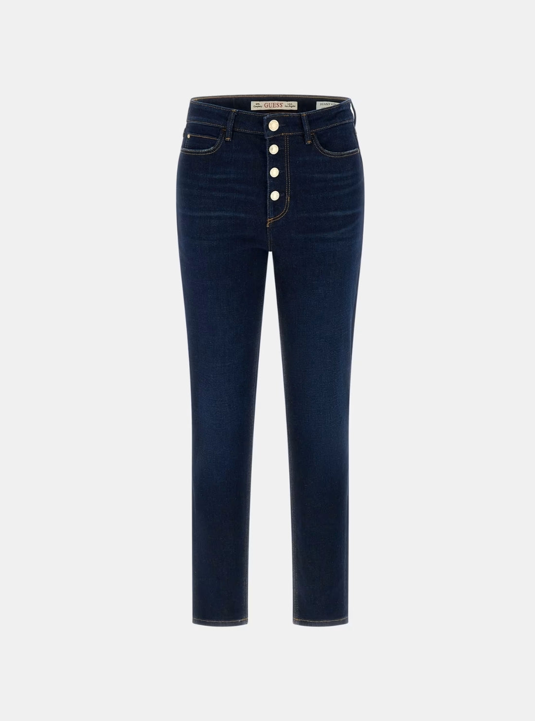 GUESS Womens High-Rise 1981 Button Jeans in Dark Wash W6RA28D6881 Flatlay