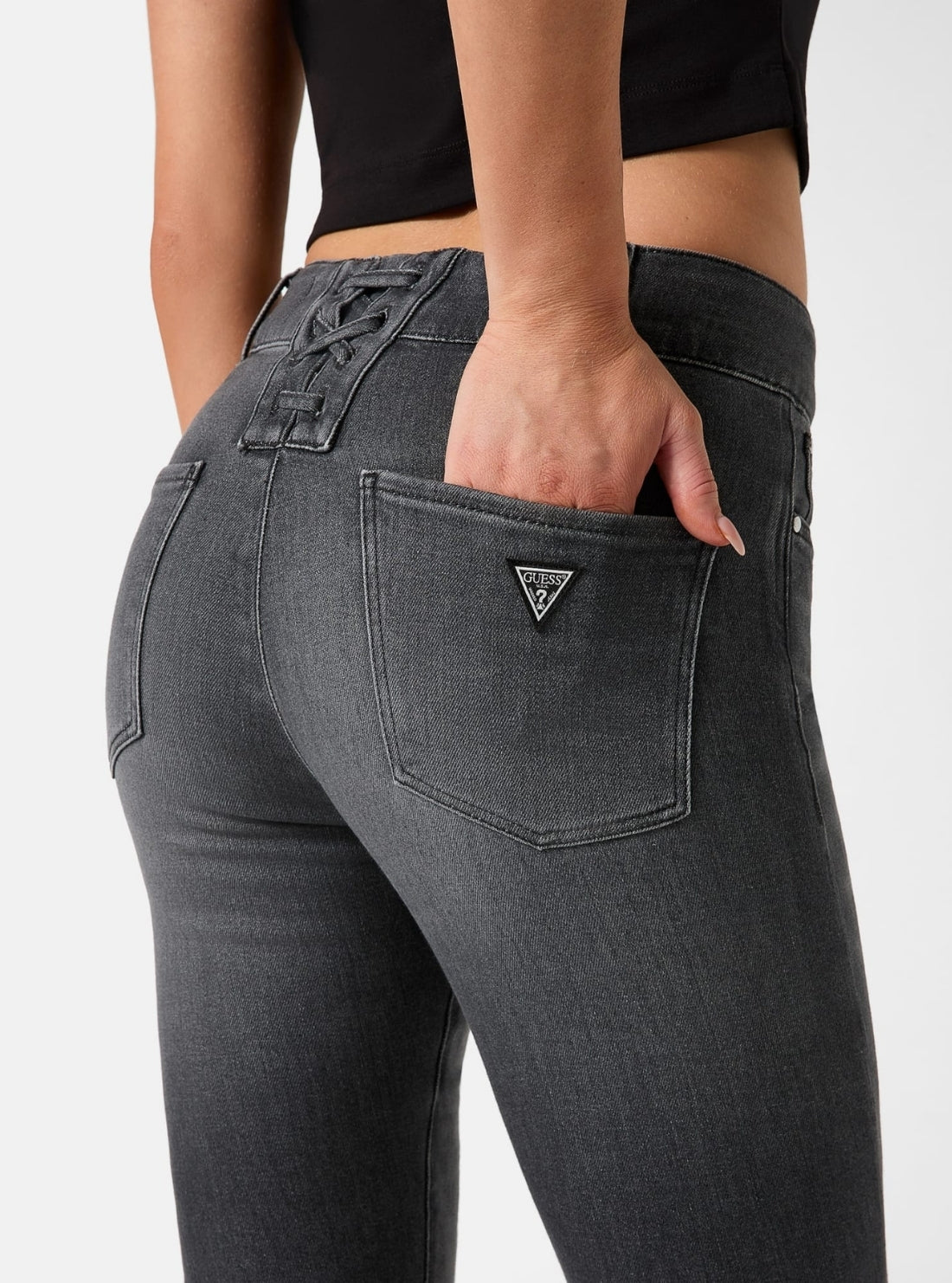 GUESS Womens Mid-Rise Sexy Flare Jeans in Grey Wash W6RA3ID6921 Back Detail View