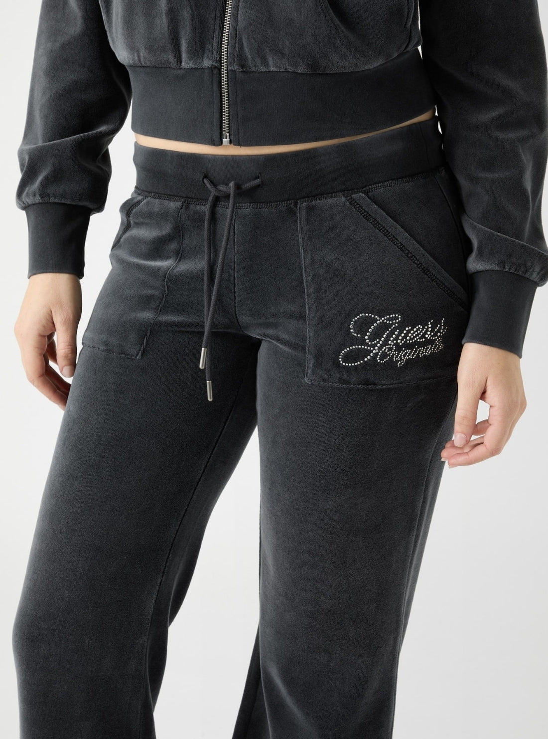 Guess Originals Eco Black Rhinestone Velour Sweatpants W6RB32KCUF1 Detail View