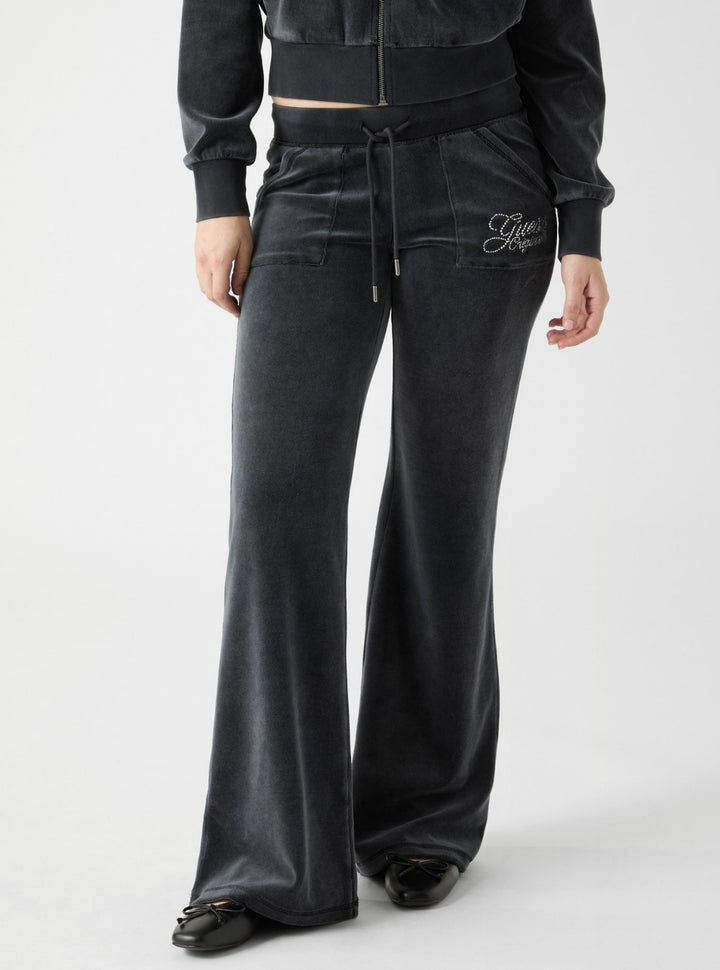 Guess Originals Eco Black Rhinestone Velour Sweatpants W6RB32KCUF1 Front View