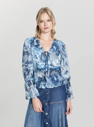 GUESS Womens Blue Lena Chiffon Top W6RH99WCWF2 Front View
