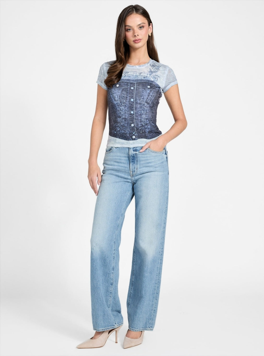 GUESS Womens Blue Denim Bustier Print T-Shirt W6RI04KCCG0 Full View