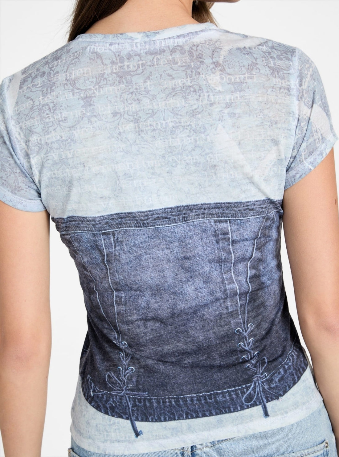 GUESS Womens Blue Denim Bustier Print T-Shirt W6RI04KCCG0 Back View