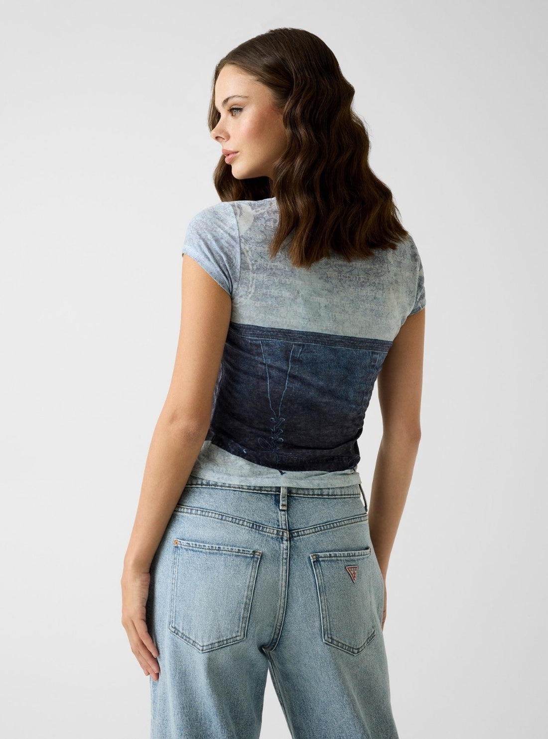 GUESS Womens Blue Denim Bustier Print T-Shirt W6RI04KCCG0 Back View