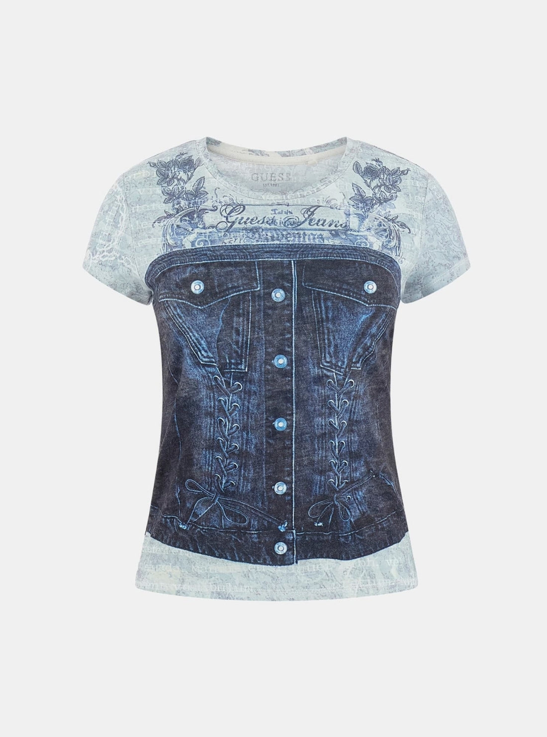 GUESS Womens Blue Denim Bustier Print T-Shirt W6RI04KCCG0 Flatlay