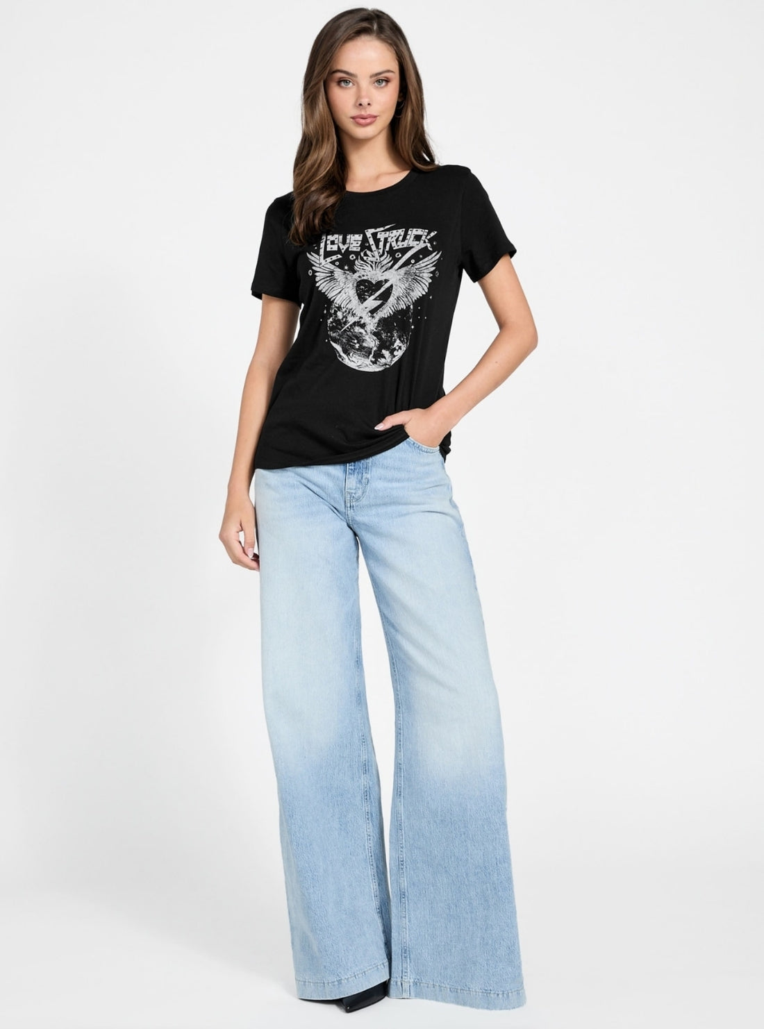 GUESS Womens Black Love Struck Easy T-Shirt W6RI10K9RM1 Full View