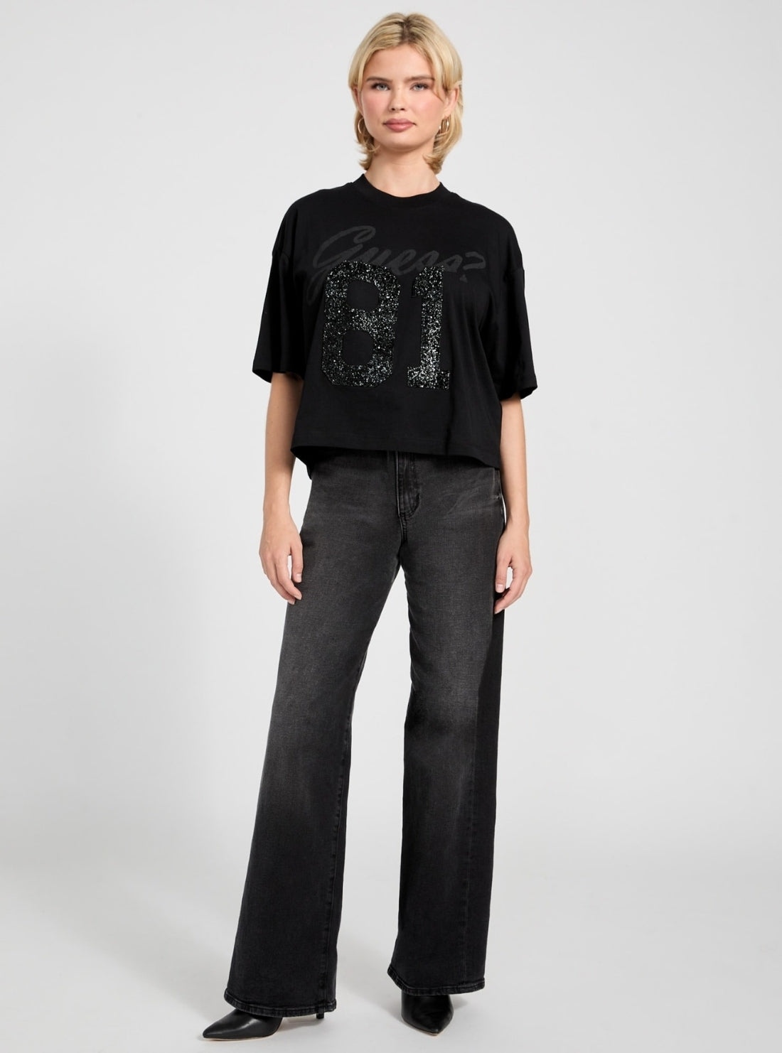 GUESS Womens Black 81 Rhinestone Oversized T-Shirt W6RI12K9RM1 Full View