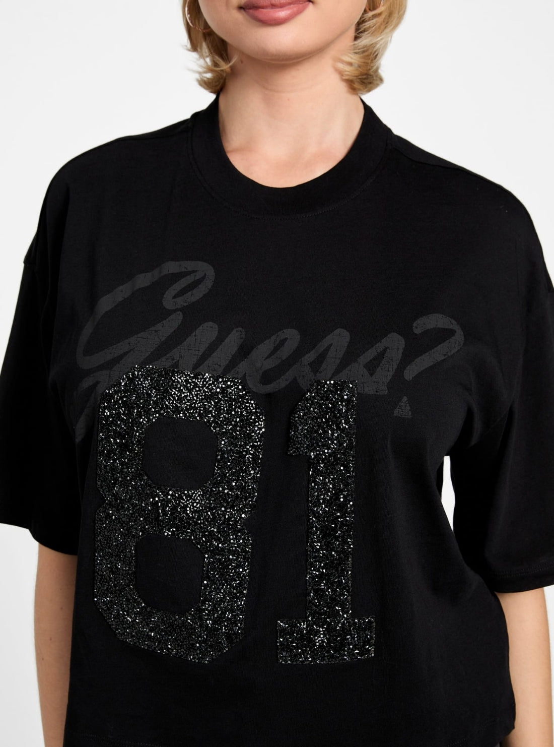 GUESS Womens Black 81 Rhinestone Oversized T-Shirt W6RI12K9RM1 Detail View