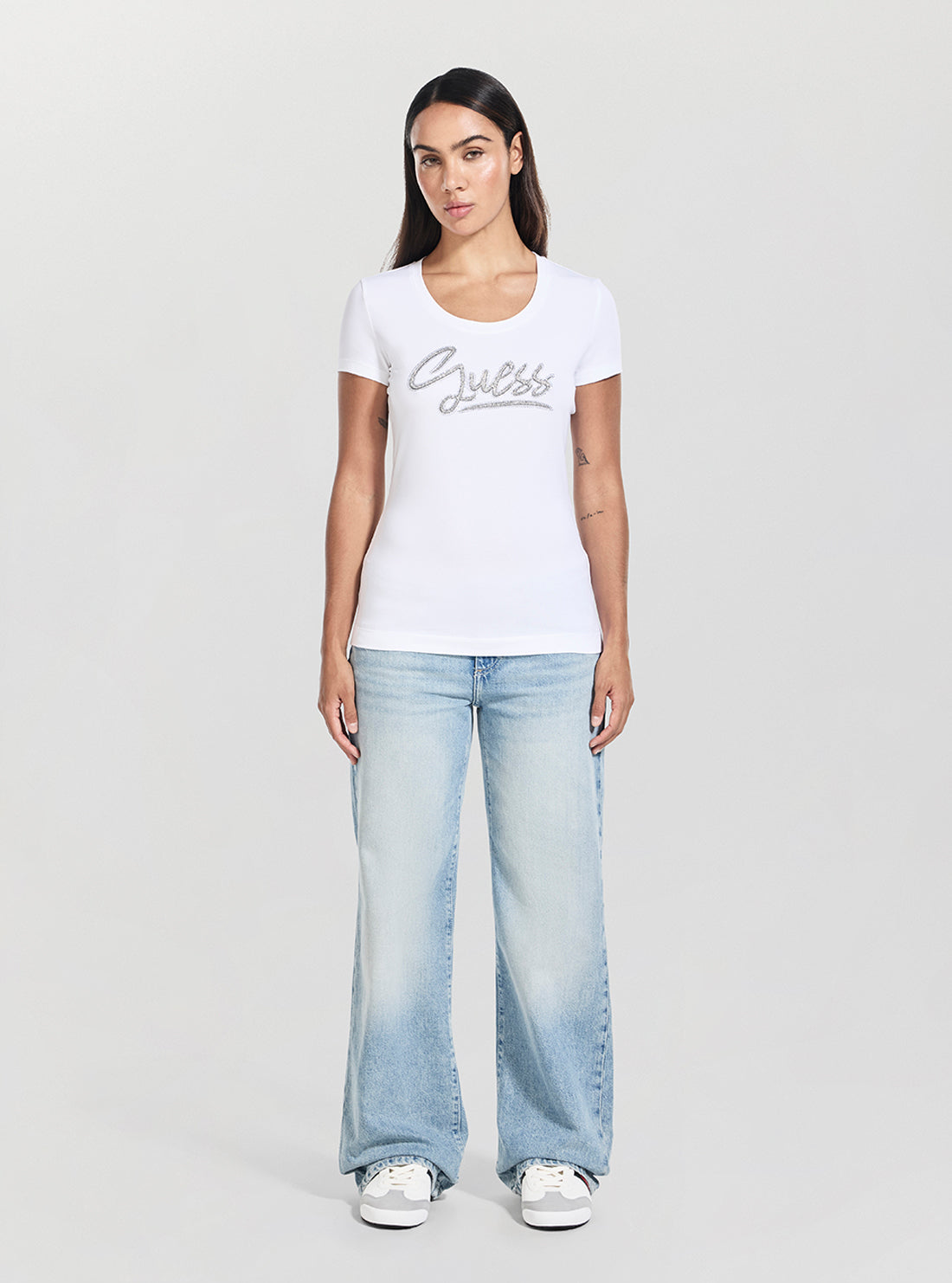 GUESS Womens White Script Logo T-Shirt W6RI24J1314 Full View