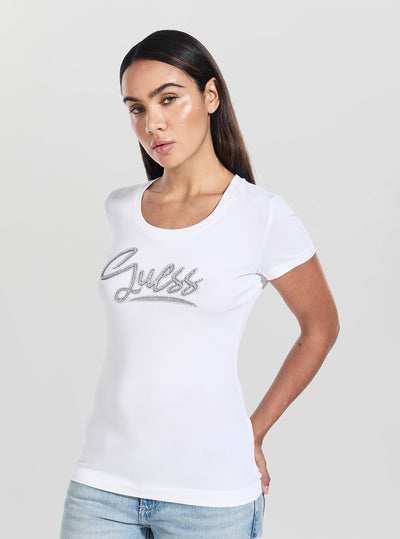 GUESS Womens White Script Logo T-Shirt W6RI24J1314 Side View
